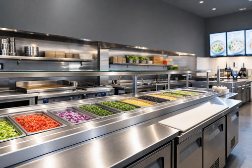 Modern fast-casual QSR kitchen line at peak service, stainless steel prep with topping rail