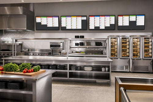 Modern casual-dining kitchen line with wall-mounted kitchen display screens above stations
