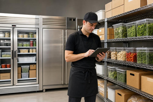 Restaurant employee using a tablet to count organized kitchen inventory