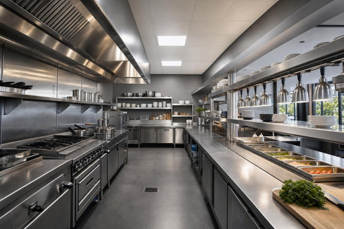 Efficient modern commercial kitchen planned around restaurant service flow