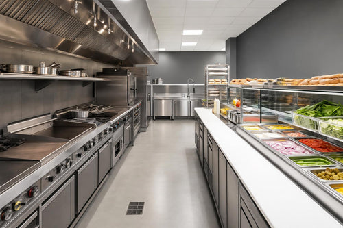 Modern co-branded restaurant kitchen with hot and cold production zones