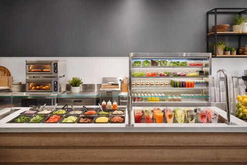 Modern fast-casual kitchen combining hot food and cold beverage stations