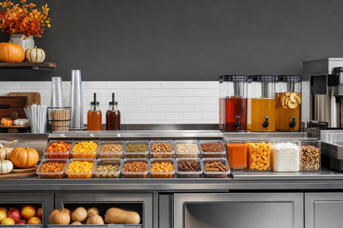 Commercial kitchen staged for an early fall seasonal menu