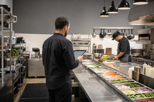 Restaurant manager reviewing kitchen production data beside a bright stainless prep line