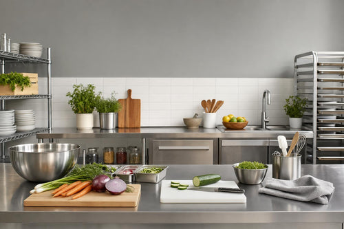 Bright independent restaurant prep kitchen organized for efficient multi-purpose food preparation