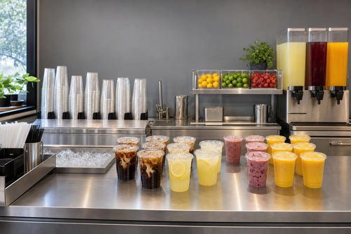 Modern restaurant beverage counter prepared for afternoon drink service