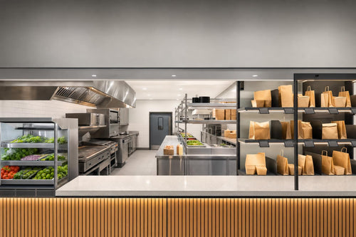 Organized commercial kitchen and digital order pickup area
