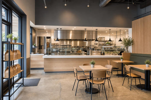Modern hybrid restaurant with dining room, service counter, and pickup area