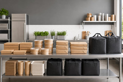 Bright restaurant catering prep area with organized workplace meal boxes