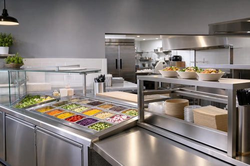 Modern commercial bowl-assembly kitchen with organized ingredient stations