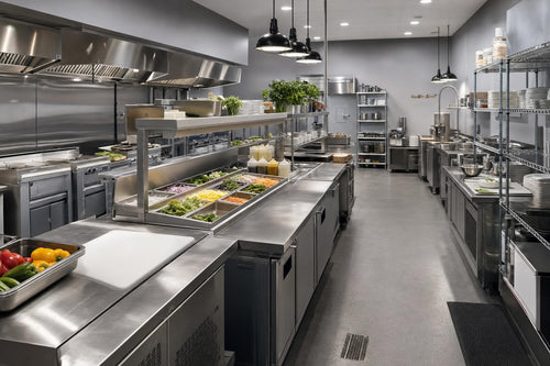 Organized commercial kitchen production line designed for efficient workflows