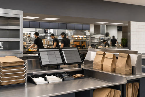 Modern restaurant kitchen with organized digital order and handoff workflow