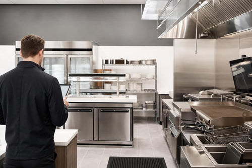 Restaurant manager inspecting a modern commercial kitchen equipment line