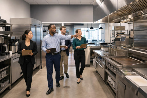 Restaurant operations team evaluating kitchen equipment during a site walk