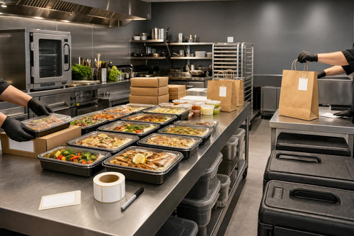 Commercial kitchen staging a large catering order for delivery