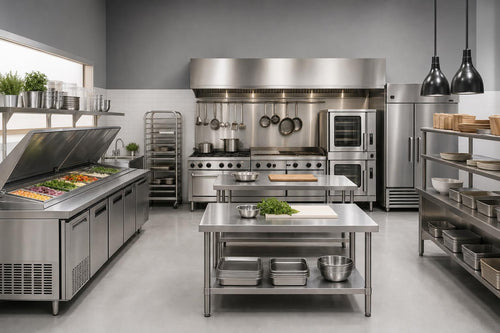 Commercial restaurant kitchen with clearly separated preparation zones
