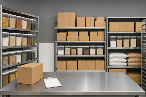 Organized restaurant receiving counter and dry-storage shelves