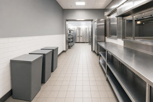 Bright restaurant back-of-house area with separate collection containers and a clear working passage
