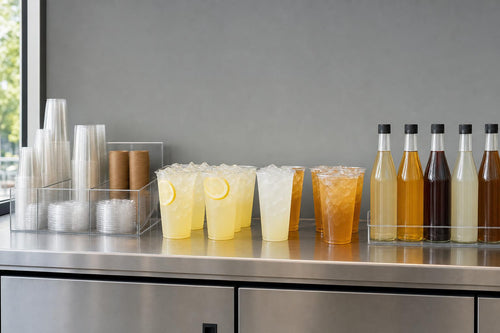 Unbranded chilled drinks and organized supplies at a restaurant beverage handoff counter