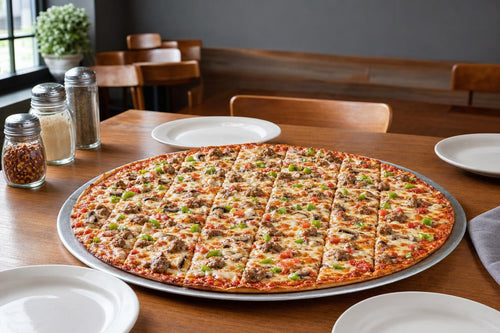 Thin-crust tavern-style pizza cut into shareable squares at a neighborhood restaurant