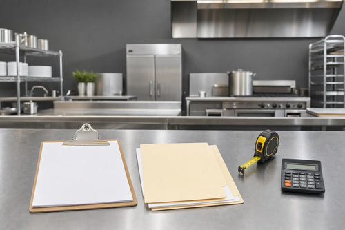 Restaurant capital planning paperwork and measuring tools on a stainless work surface