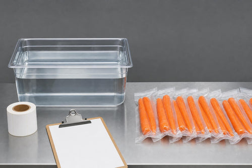 Sous vide planning still life with water container, sealed carrot portions and blank batch labels