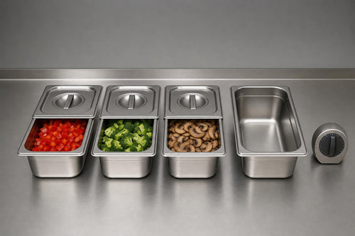 Small covered food pans arranged for a controlled replenishment workflow