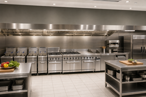 Brightly lit commercial restaurant kitchen cook line with fryers and range, stainless steel finishes