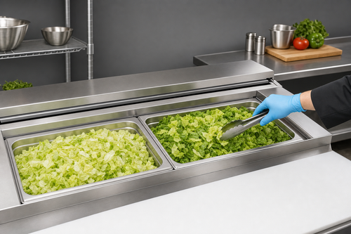 Chopped lettuce in stainless hotel pans on a commercial refrigerated prep table, gloved hand with tongs