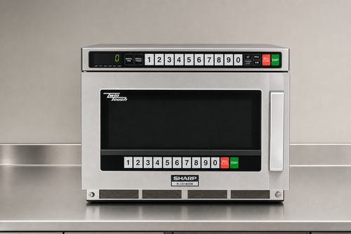 Sharp TwinTouch R-CD1800M heavy-duty commercial countertop microwave on a stainless steel back counter