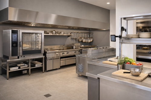 Modern commercial kitchen with combi oven, cook line, and KDS screen — the connected-kitchen setup driving 2026 automation ROI
