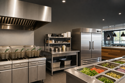 Bright modern fast-casual restaurant kitchen line with fryer battery, prep table, and reach-in refrigerator