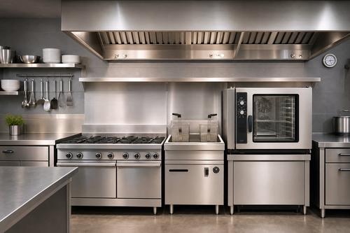 Brightly lit commercial stainless steel kitchen cook line with gas range, gas fryer, and convection oven under a stainless exhaust hood — hero image for USA-RS energy costs article