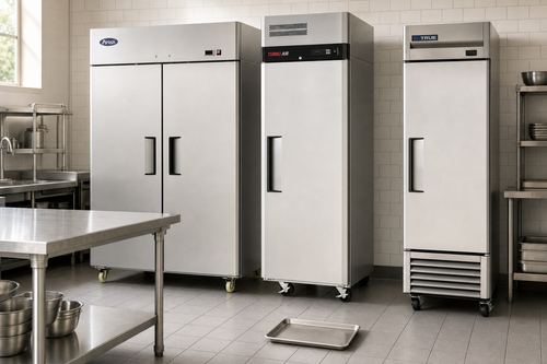 Atosa MBF8005GR, Turbo Air M3R24-1-N, and True T-23-HC commercial reach-in refrigerators side by side in a commercial kitchen