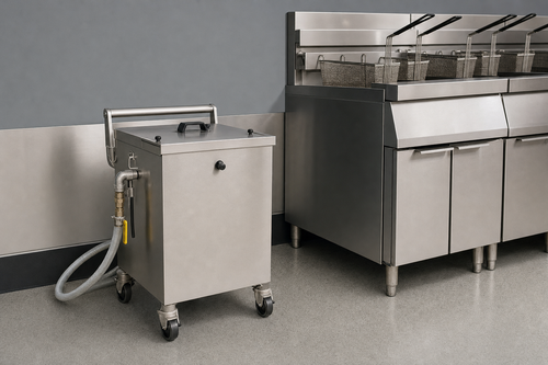 R. F. Hunter HF 130P mobile fryer filter beside a commercial fryer line