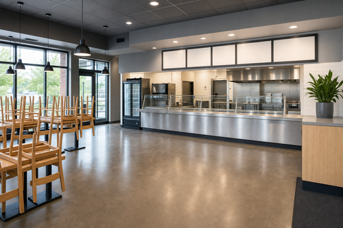 Empty fast-casual restaurant dining room with stacked chairs after closing