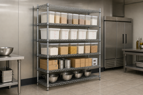Metro Super Erecta chrome wire commercial shelving unit stocked in a dry storage room