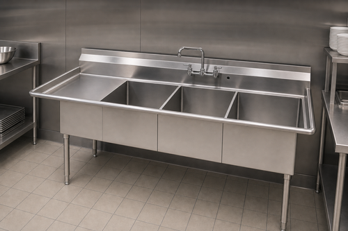 Sapphire Manufacturing SMS-3-2020L three-compartment stainless steel commercial sink with left drainboard in a professional kitchen