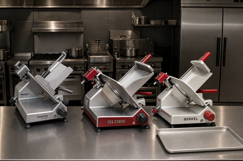 Hobart Centerline, Globe SG13, and Berkel B12-SLC gravity-feed commercial slicers side by side on a stainless prep counter