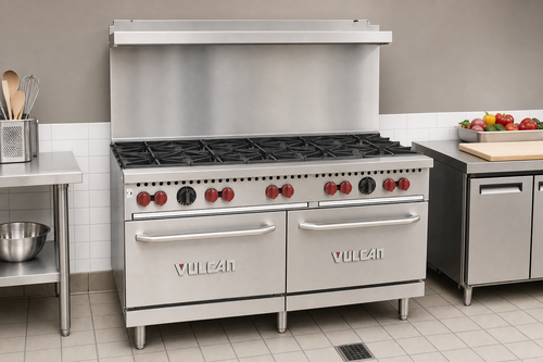 Commercial restaurant kitchen with Vulcan gas range, stainless prep tables, and equipment budget planning setup