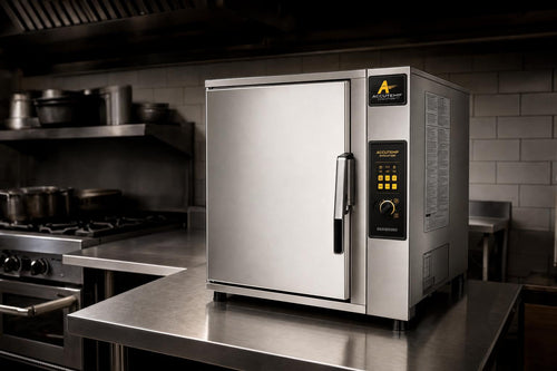 AccuTemp Evolution E62081E060 six-pan boilerless connectionless electric convection steamer in a commercial kitchen