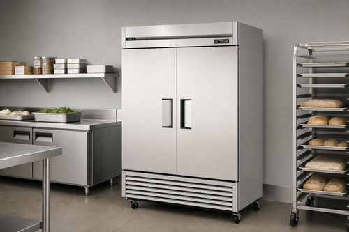 True T-49F-HC two-section reach-in freezer in a commercial kitchen