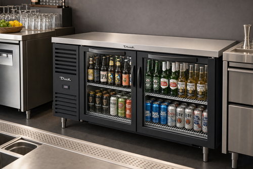 True TBR60-RI 60-inch two-door glass front back bar cooler stocked with beer bottles and cans behind a modern bar
