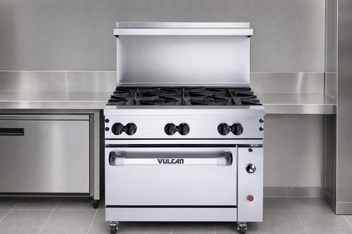 Vulcan Endurance 36-inch 6-burner commercial gas range in a clean commercial kitchen