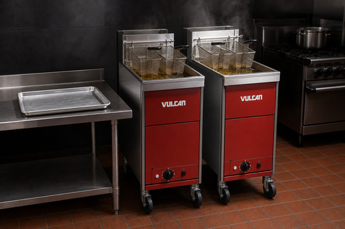 Two Vulcan commercial gas floor fryers side-by-side in a commercial kitchen
