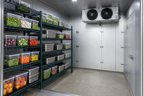 Brightly lit modern commercial walk-in cooler interior with stocked epoxy shelving
