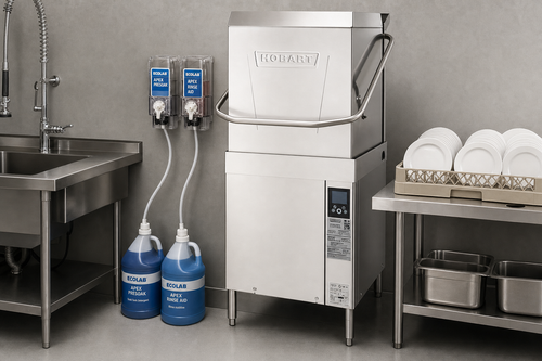 Hobart AM16 high-temperature door-type commercial dishwasher with Ecolab chemical dispenser pumps and detergent and rinse-aid jugs in a stainless commercial dishpit