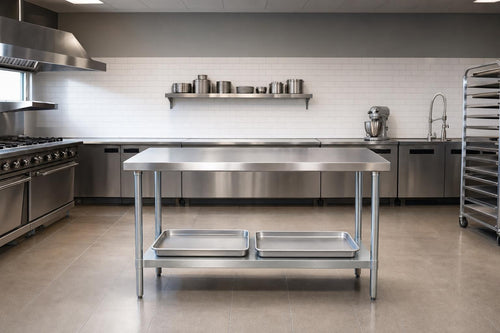 Stainless steel 72-inch by 30-inch 16-gauge 304 commercial work table in a bright clean professional kitchen with undershelf holding sheet pans