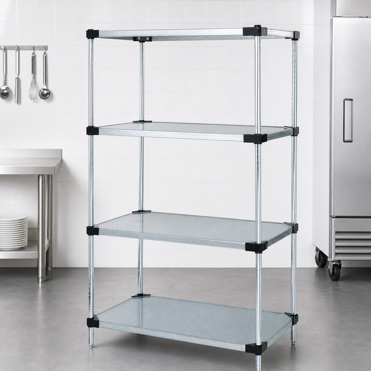 Product image #3 for Quantum 48" x 14" x 74" Stationary Solid Shelving Starter Kit, Galvanized Steel Shelves, Chrome Posts