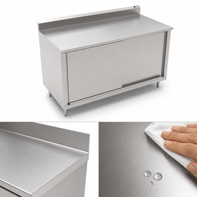 Product image #3 for John Boos 48" x 30" Cabinet Base Work Table with Sliding Doors, 14-Gauge Stainless Steel Top and 5" Backsplash